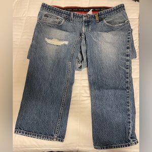 BERETTA WOMENS JEANS SZ 39x31 BLUE DENIM FLAT FRONT W/ RIP/TEAR ON RIGHT KNEE